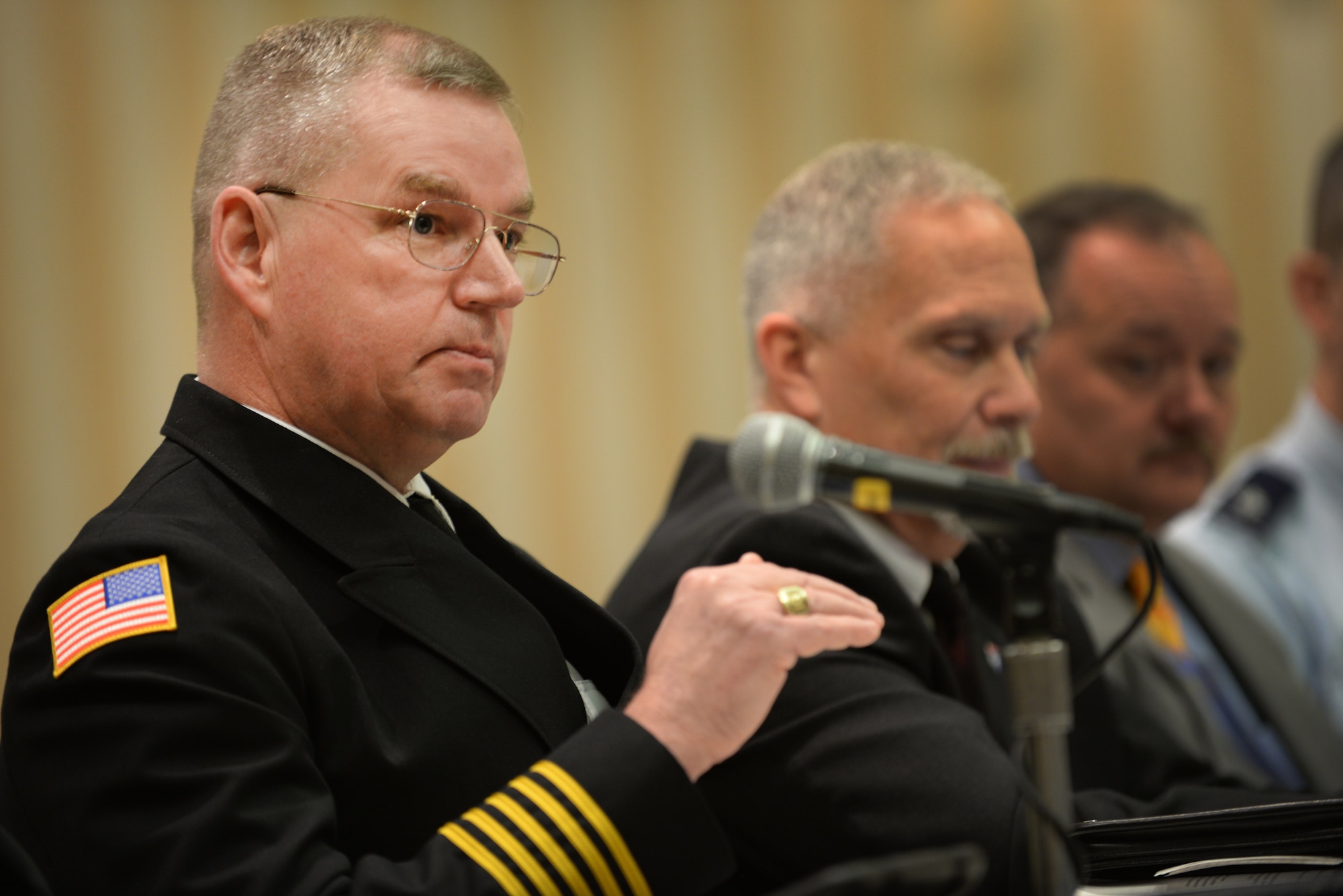David Mounsey, 82nd Training Wing fire chief, answers questions in front of a panel of 10 board members from the Commission on Fire Accreditation International, at the Caribe Royale Hotel and Convention Center near Orlando, Fla., March 15, 2015. During the hearing, Sheppard Air Force Base, Texas, earned accreditation and joined 201 other fire departments who’ve earned the distinction. Sheppard shares the achievement with Maxwell AFB, Ala., as being the first in Air Education and Training Command to earn the honor. (U.S. Air Force photo by Tech. Sgt. Mike Meares) 