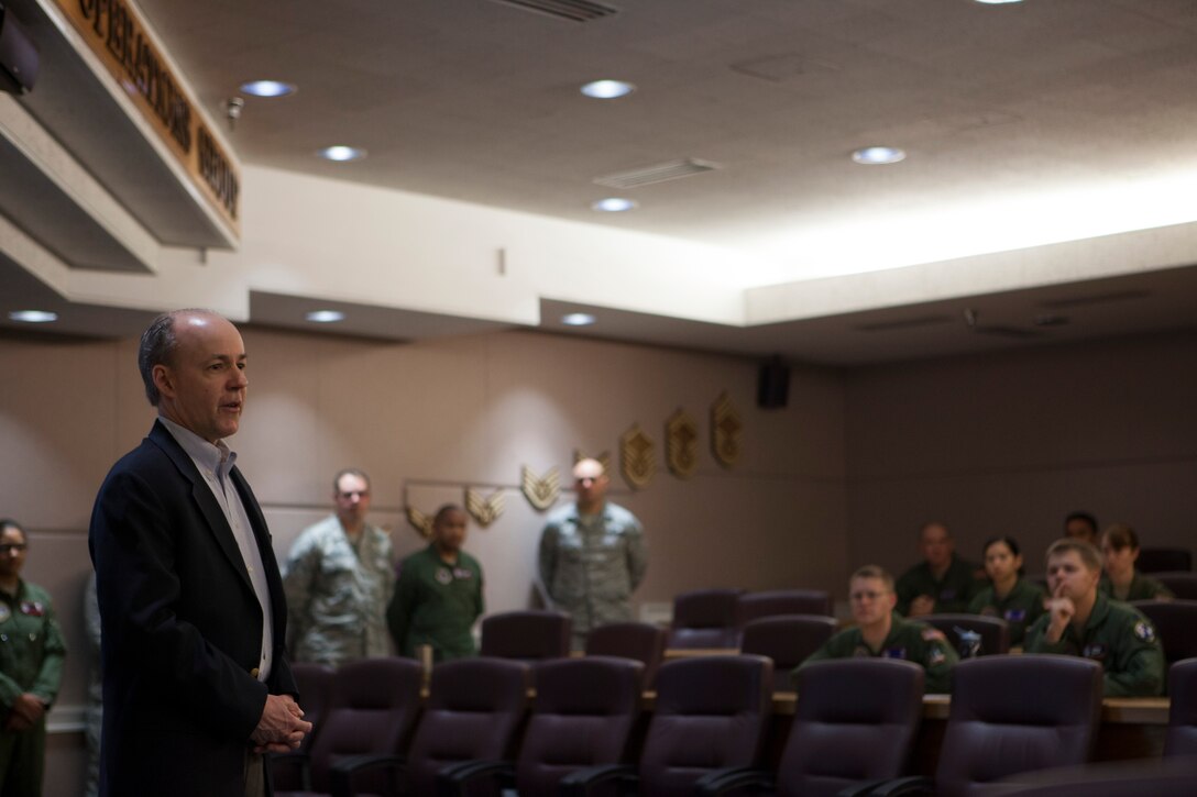 Brian P. McKeon, Principal Deputy Under Secretary of Defense for Policy, addresses 90th Missile Wing Airmen during his visit to F.E. Warren Air Force Base, March 16, 2015. McKeon’s visit aligns with the Department of Defense’s efforts to review and assess the status and direction of the nuclear enterprise, as well as the morale and welfare of the Airmen who carry out the nuclear mission, following the publication of the Nuclear Enterprise Reviews in 2014. The 90th Missile Wing houses and maintains 150 of the Minuteman III inter-continental ballistic missiles used in support of U.S. Strategic Command’s strategic deterrence mission, as well as the command and control systems required to launch them. U.S. Strategic Command is one of nine U.S. Department of Defense unified combatant commands, and is responsible for strategic deterrence, space operations, cyberspace operations, joint electronic warfare, global strike, missile defense, intelligence, surveillance and reconnaissance, combating weapons of mass destruction, and analysis and targeting. (U.S. Air Force photo by Lan Kim)