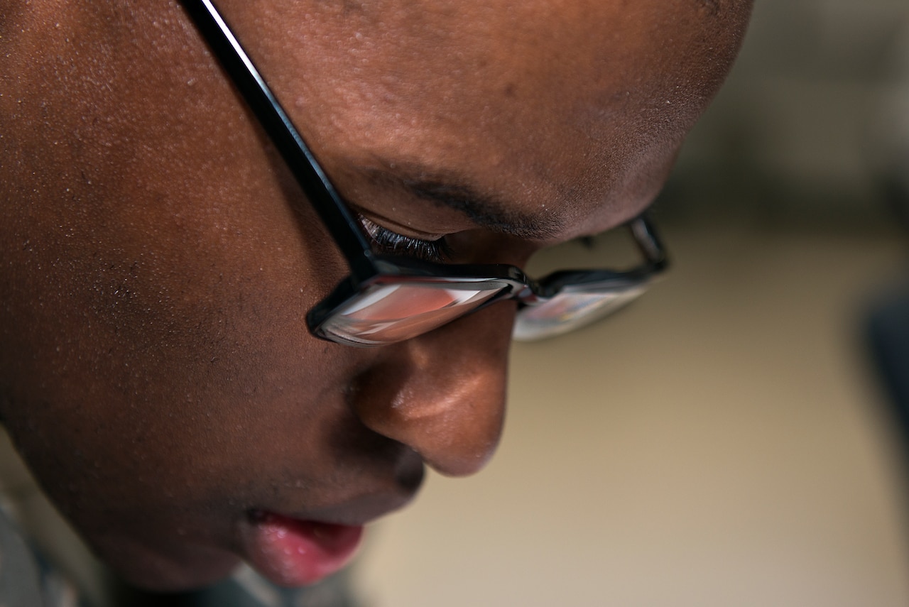 Air Force Airman Treyton-Thomas Joupperi works on a class assignment at Sheppard Air Force Base, Texas, March 16, 2015. He is in training to be an aircraft electrical and environmental systems specialist. U.S. Air Force photo by Senior Airman Kyle Gese