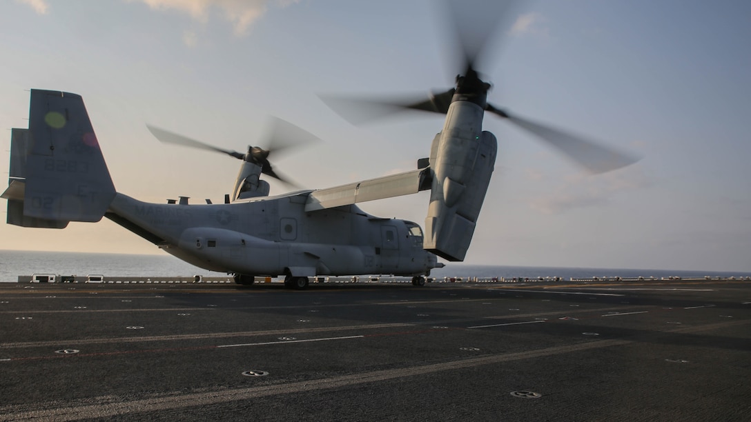A  U.S. Marine Corps MV-22B Osprey prepares to take off from the flight deck of the USS Bonhomme Richard (LHD 6), at sea, March 19, 2015. The Ospreys are taking Marines to Ie Shima, Okinawa, Japan, to execute a vertical assault exercise. The Ospreys are with Marine Medium Tiltrotor Squadron 262 (Reinforced), 31st Marine Expeditionary Unit. The Marines are with Company E, Battalion Landing Team 2nd Battalion, 4th Marines, 31st MEU, and are currently on the MEU’s annually-scheduled Spring Patrol of the Asia-Pacific region.
