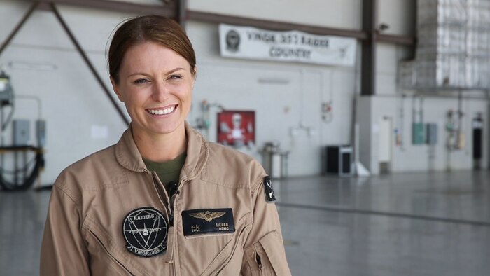First Lt. Alisa Sieber, a pilot with Marine Aerial Refueler Transport Squadron 352 and a San Diego native, smiles as she gives an interview aboard Marine Corps Air Station Miramar, Calif., March 9.