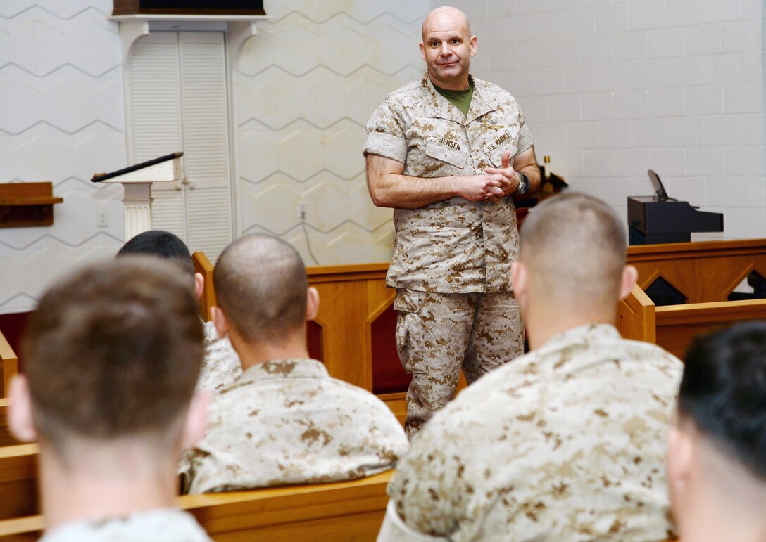 Col. Scott Jensen, the Marine Corps Sexual Assault Prevention and Response branch head, elicits feedback from junior Marines about sexual assault prevention during his visit to Marine Corps Logistics Base Albany, March 19.