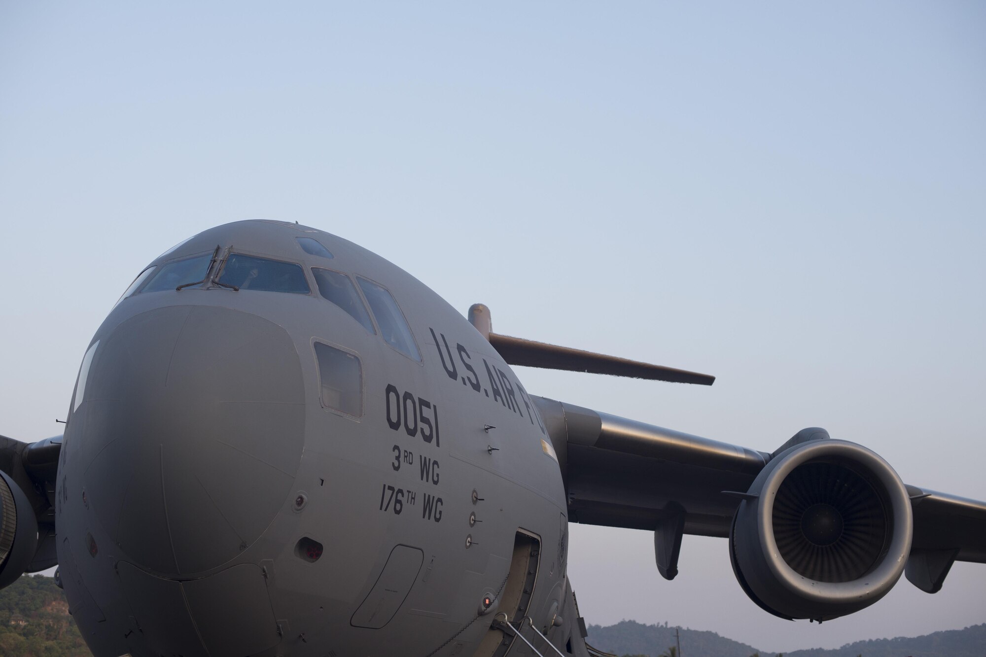 A C-17 Globemaster III parks on the runway of the Langkawi International Airport after transporting a UH-1Y Huey from Marine Corps Station Hawaii to support the Langkawi International Maritime and Aerospace Exhibition March 16, 2015, in Langkawi, Malaysia. Defense Department participation in the LIMA 15 airshow strengthens military-to-military relationships and underscores the cooperation agreements between the U.S. and Malaysia. (U.S. Air Force photo/1st Lt. Elias Zani)