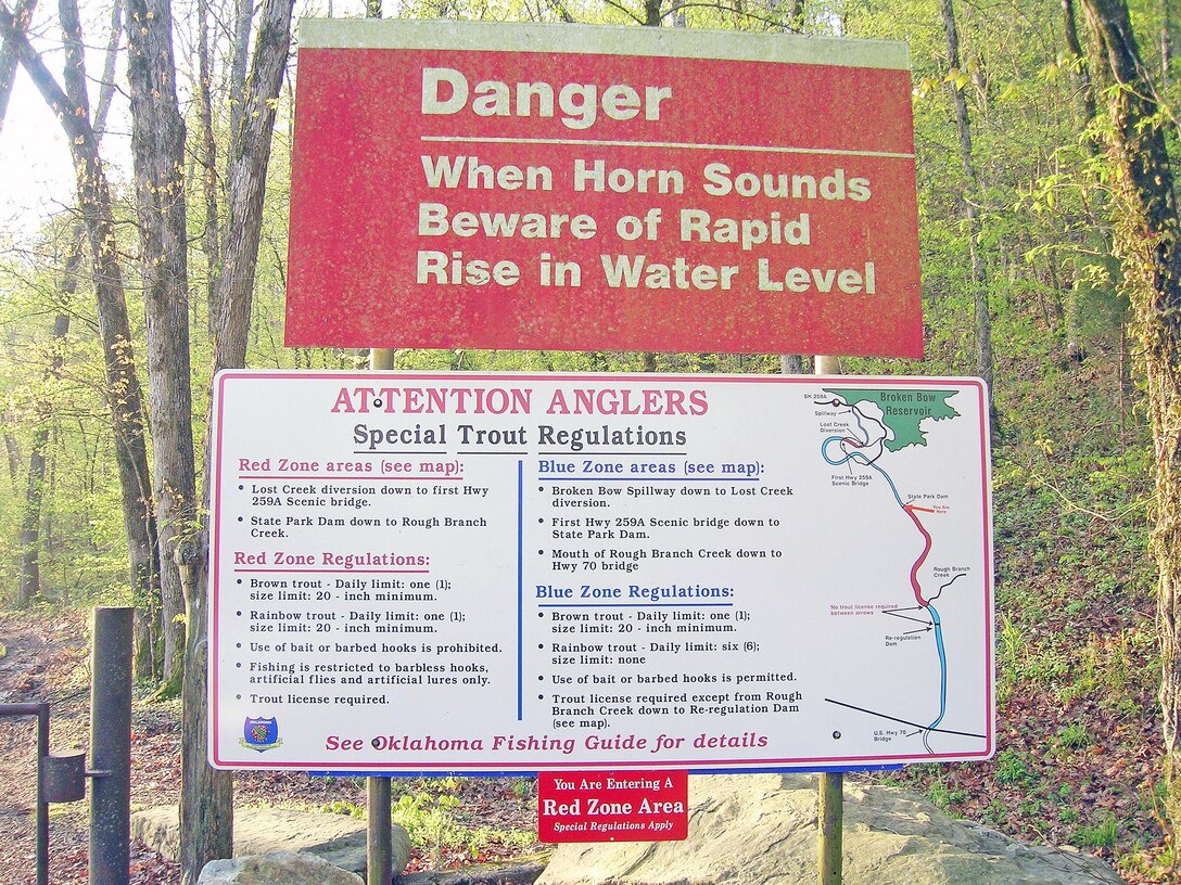 The Broken Bow powerhouse is offline for repair work and during that time flood releases will be generated from the flood gates into the trout stream below. Signs such as this warning of the possibility of water releases from the flood gates at Broken Bow are posted in the area downstream.