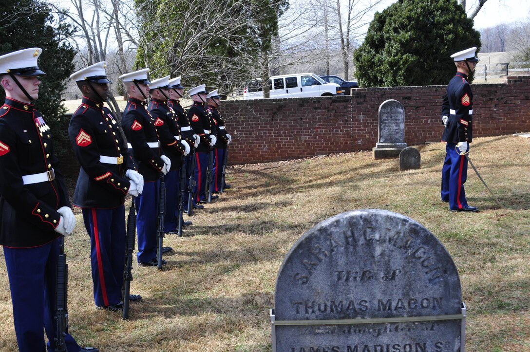 Marines from Quantico's ceremonial platoon render honors to James Madison, the fourth president of the United States. Each year on the occasion of Madison's birthday the commander of Marine Corps Base Quantico travels to Montpelier to place a wreath on the grave of the president. 