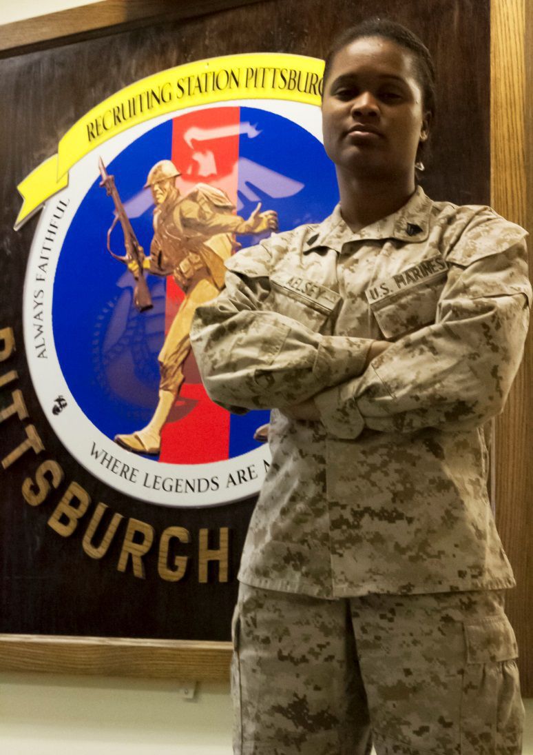 PITTSBURGH--Sgt. Kemmala S. Kelsey reflects on her path in life that led her to become one of the “Few and The Proud,” at Recruiting Substation Pittsburgh, March 17. “Initially, I was overweight and I couldn’t enlist,” said Kelsey, a supply clerk with Recruiting Station Pittsburgh. “I took that as a personal challenge. So I said to myself, I’m going to lose this weight and I’m going to show the recruiters that I can do this.” Kelsey, who lost the weight, had recently relocated from Jamaica to Chicago. She would eventually join the Marines and travel to Japan, Guam and Spain.