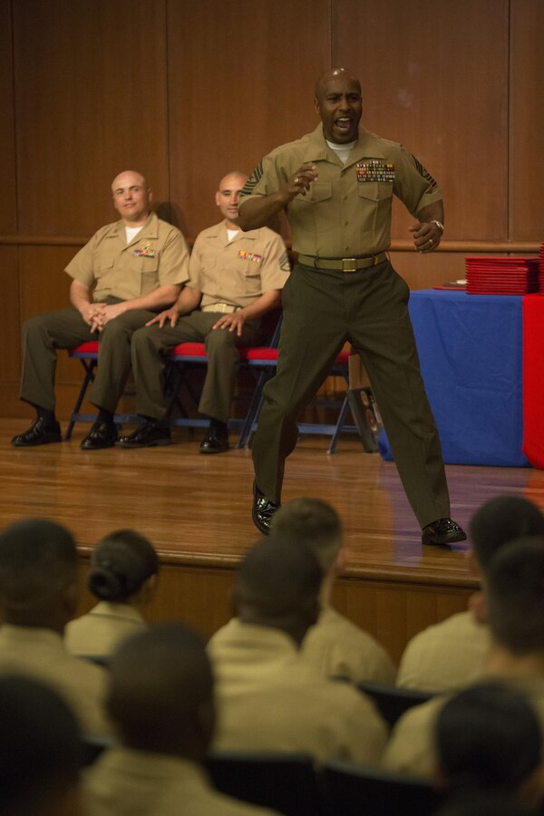 Sergeant Maj. Gary Smith, sergeant major of 4th Marine Logistics Group, speaks to the graduates of Corporal’s Course and the Lance Corporal Leadership and Ethics Seminar at Marine Corps Support Facility New Orleans, March 20, 2015. Smith was the guest speaker at the event, and he spoke to the graduates about the importance of building their leadership capabilities and looking out for the Marines in their charge. (U.S. Marine Corps photo by Gabrielle Quire) 