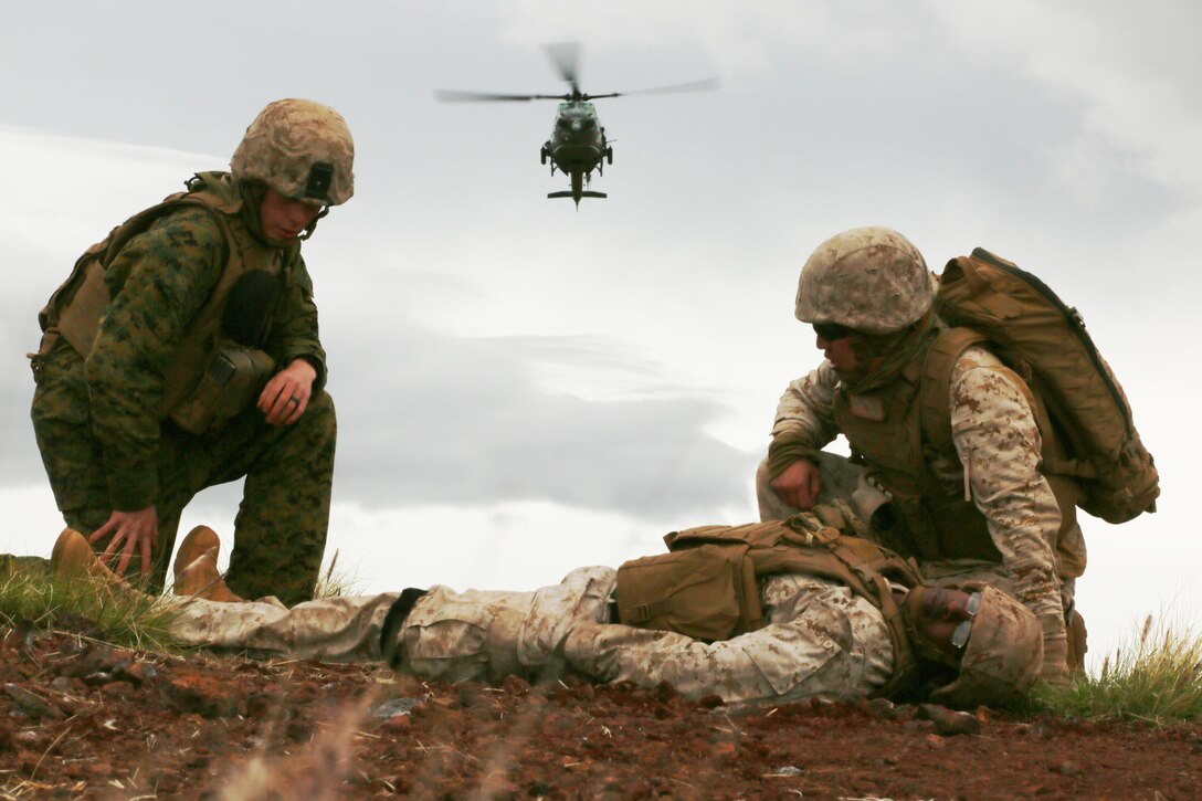 Cpl. Collin Osgood (left), a scout observer with 1st Battalion, 12th Marine Regiment and Petty Officer 3rd Class KC Lorilla, a hospital corpsman with 1st Bn., 12th Marines, prepare a simulated casualty for evacuation. Staff Sgt. Christopher McFarland, a forward observer with 1st Bn., 12th Marines, simulates a wounded leg and arm injury as a UH-1Y Venom helicopter lands to conduct a casualty evacuation on Pohakuloa Training Area, March 12, 2015. (U.S. Marine Corps photo by Lance Cpl. Khalil Ross/Released)