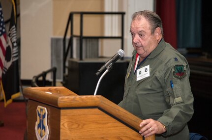 Retired Air Force Lt. Col. Charlie Huff, former 560th Flying Training Squadron commander, speaks about his experiences during the Vietnam War at the 18th Annual POW/MIA Symposium, hosted by the 560th Flying Training Squadron at the Joint Base San Antonio-Randolph Fleenor Auditorium March 20. The annual Freedom Flyer Reunion tradition began when members of the 560th FTS were given the task to retrain more than 150 POWs returning to flying status toward the end of American involvement in the Vietnam War. (U.S. Air Force photo by Johnny Saldivar)