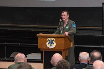 Retired Air Force Col. Kenneth W. Cordier, former Vietnam War POW, speaks about his experiences in captivity at the 18th Annual POW/MIA Symposium, hosted by the 560th Flying Training Squadron at the Joint Base San Antonio-Randolph Fleenor Auditorium March 20. Cordier, whose F-4C plane took a direct hit while performing an escort mission north of Hanoi Dec. 2, 1966, was captured and later released March 4, 1973. The annual Freedom Flyer Reunion tradition began when members of the 560th FTS were given the task to retrain more than 150 POWs returning to flying status toward the end of American involvement in the Vietnam War. (U.S. Air Force photo by Johnny Saldivar)