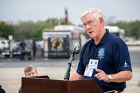 Retired Air Force Lt. Col. Gene Smith, former Vietnam War POW, addresses the crowd during the 560th Flying Training Squadron Artifact Dedication ceremony and open house March 20 at Joint Base San Antonio-Randolph. The annual event, in conjunction with the 42nd Freedom Flyer Reunion and 18th Annual POW/MIA Symposium, honors all POWs held captive during the Vietnam War. The tradition began when members of the 560th Flying Training Squadron were given the task to retrain more than 150 POWs returning to flying status. Smith’s aircraft was shot down during a mission over North Vietnam Oct. 25, 1967, and was held captive by the North Vietnamese until his release March 14, 1973.
(U.S. Air Force Photo by Johnny Saldivar/released)
