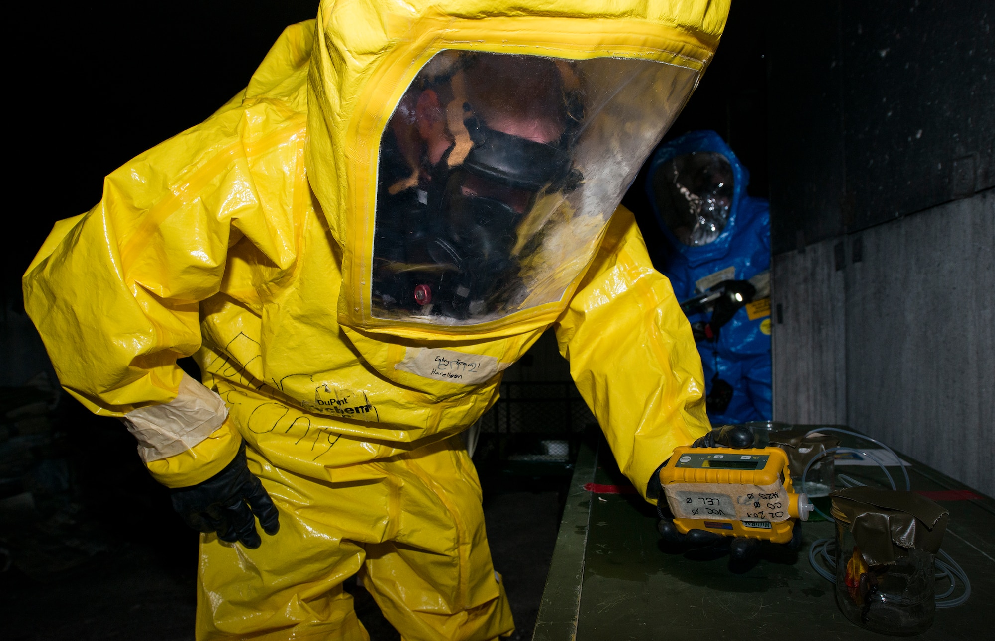 U.S. Air Force Senior Airman Travis Harrelson, 23d Civil Engineer Squadron emergency management specialist, uses a radiation and chemical detection device during an integrated base emergency response capability training March 18, 2015, at Moody Air Force Base, Ga. The IBERCT was a week-long training, which consisted of classroom instruction and three hands-on scenarios. (U.S. Air Force photo by Airman 1st Class Ceaira Tinsley/Released)