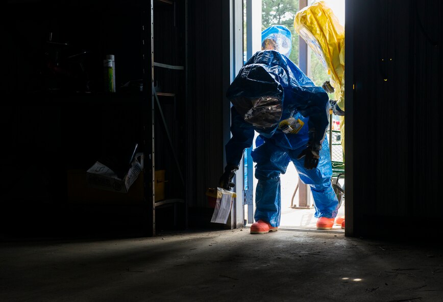 U.S. Air Force Airman 1st Class Matthew Manzano, 23d Medical Group bioenvironmental flight technician, uses a radiation detection meter to clock the room during an integrated base emergency response capability training March 18, 2015, at Moody Air Force Base, Ga. Moody’s emergency responders, bioenvironmental flight and 23d Civil Engineer Squadron emergency management flight, participated in the training to test their capabilities and cohesion. (U.S. Air Force photo by Airman 1st Class Ceaira Tinsley/Released)