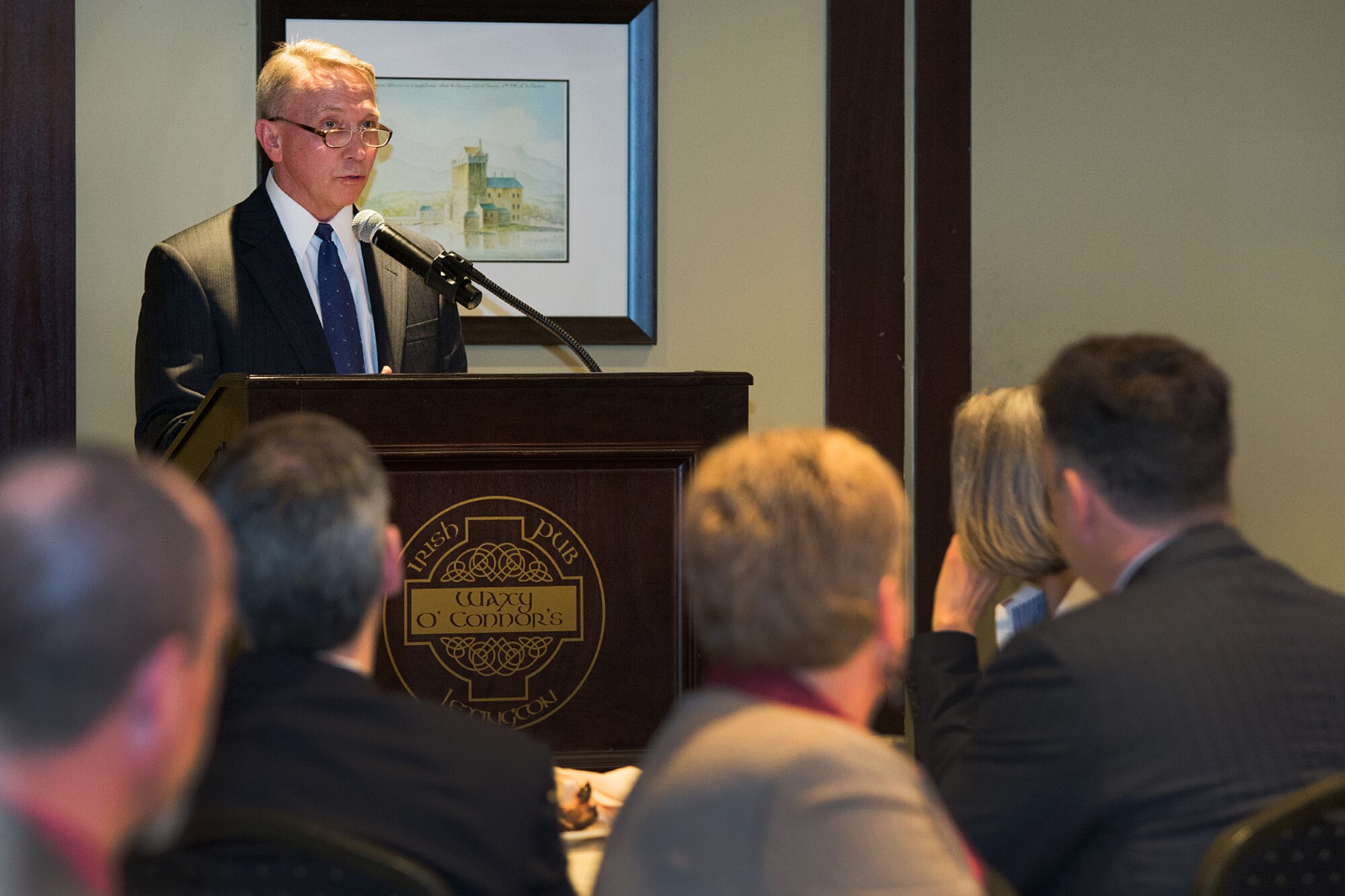 Scott A. Kiser, Air Force Life Cycle Management Center-Hanscom director of contracting, addresses current and potential industry partners during a Hanscom Representatives Association meeting in Lexington, Mass., March 18. Among the topics discussed were acquisition reform, acquisition strategy workflow and communication between industry and government. (U.S. Air Force photo by Mark Herlihy)