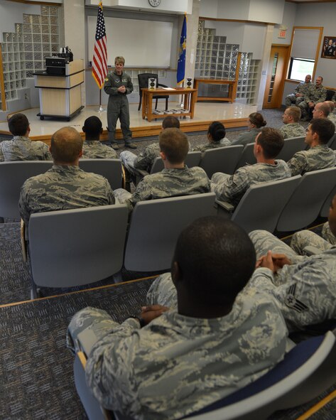 Col. Kristin Goodwin, 2nd Bomb Wing commander, speaks to Airman Leadership School students on Barksdale Air Force Base, La., March 20, 2015. Students who attend ALS become frontline supervisors who are charged with leading and cultivating the future of the Air Force. (U.S. Air Force photo/Senior Airman Benjamin Gonsier)