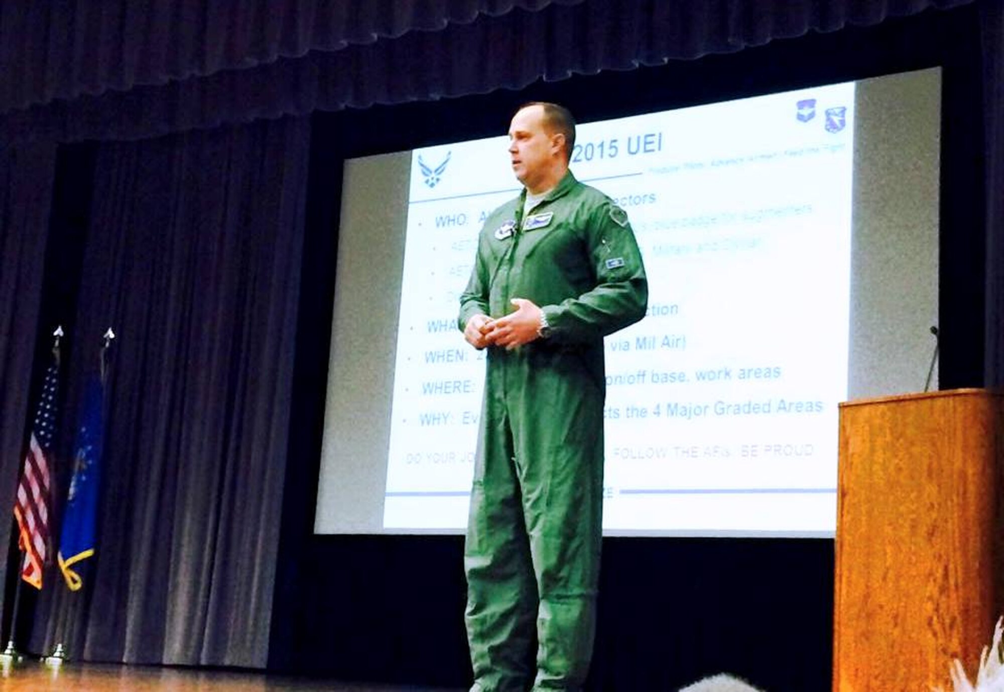 Col. John Nichols, 14th Flying Training Wing Commander, talks to the enlisted, officer and civilian Airmen of Columbus Air Force Base during a Commander’s Call March 19 at the Kaye Auditorium. The commander addressed key issues such as the upcoming Unit Effectiveness Inspection as well as gave statistics for cases of Driving Under the Influence and sexual assault for Fiscal 2014. Nichols also addressed developmental special duties and the 81st Fighter Squadron, the 14th FTW’s newest geographically separated unit at Moody AFB, Ga. (U.S. Air Force courtesy photo)