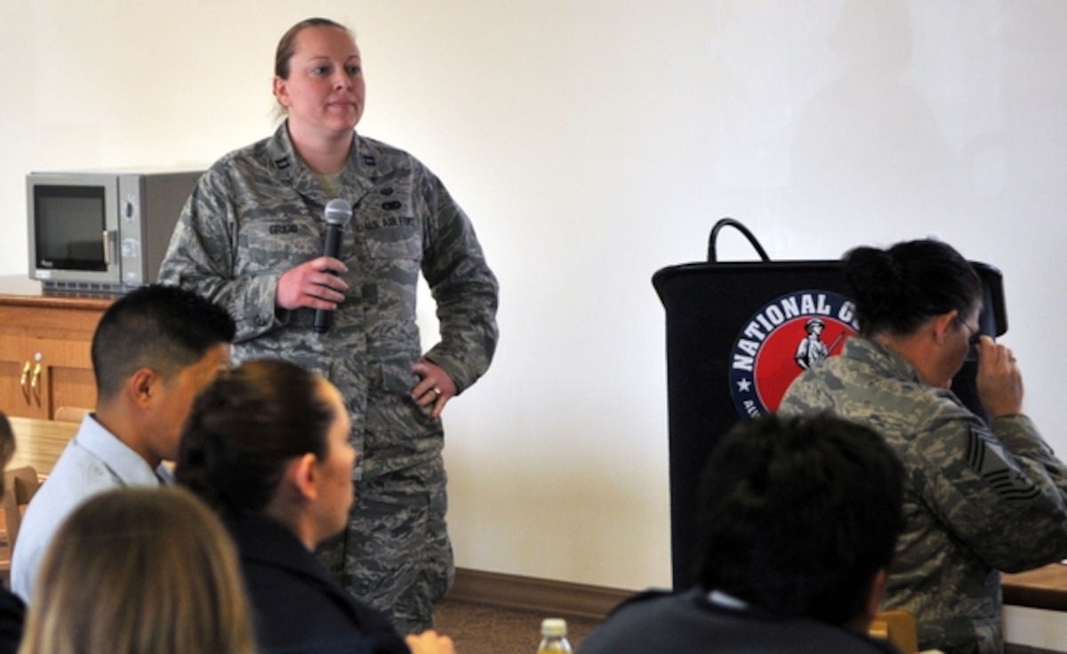 Capt. Dana Grigg, Nevada National Guard assistant judge advocate, speaks March 7 during the “Don’t Say the ‘F’ Word" discussion at the Nevada Air National Guard Base in Reno. Photo by U.S. Air Force Staff Sgt. Timothy Emerick (released).