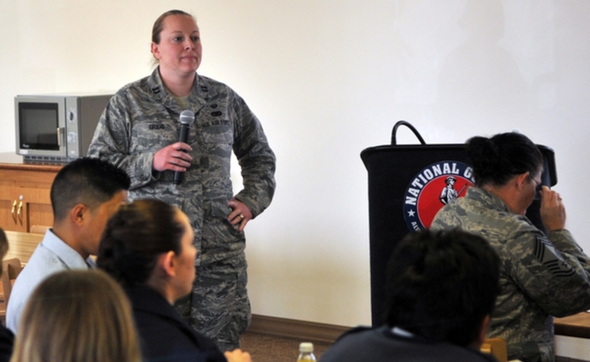 Capt. Dana Grigg, Nevada National Guard assistant judge advocate, speaks March 7 during the “Don’t Say the ‘F’ Word" discussion at the Nevada Air National Guard Base in Reno. Photo by U.S. Air Force Staff Sgt. Timothy Emerick (released).
