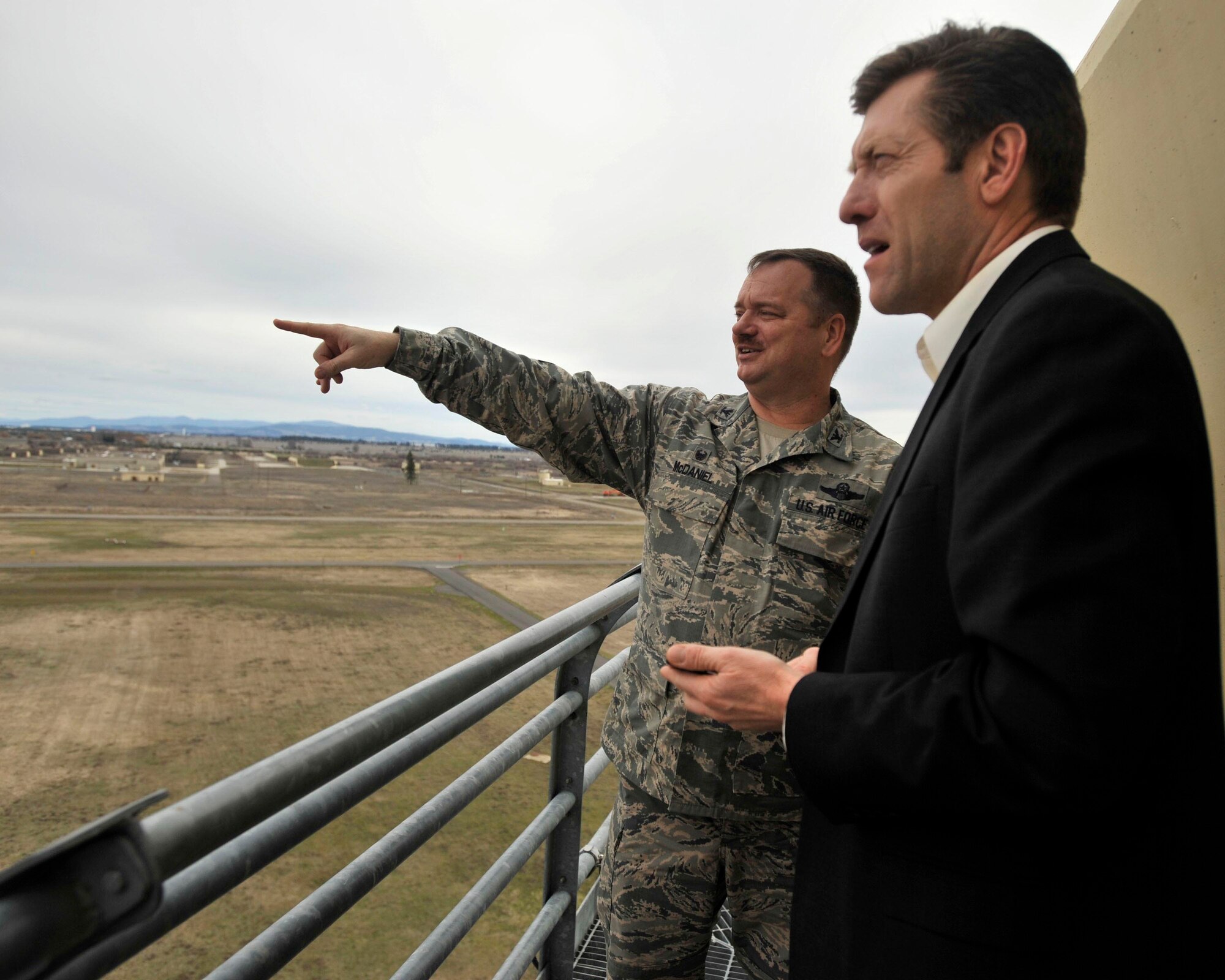 Steve Stevens, Chief Executive Officer for Greater Spokane Incorporated, received mission briefings and a base tour from Col. Brian McDaniel. 92nd Air Refueling Wing commander on March 19, 2015, at Fairchild Air Force Base, Wash. Stevens is also McDaniel's honorary commander. The honorary commander program is designed to pair civic leaders with base commanders in an effort to inform and educate civic leaders about the Air Force, Air Mobility Command and Fairchild Air Force Base missions. (U.S. Air Force photo/Airman 1st Class Taylor Bourgeous)