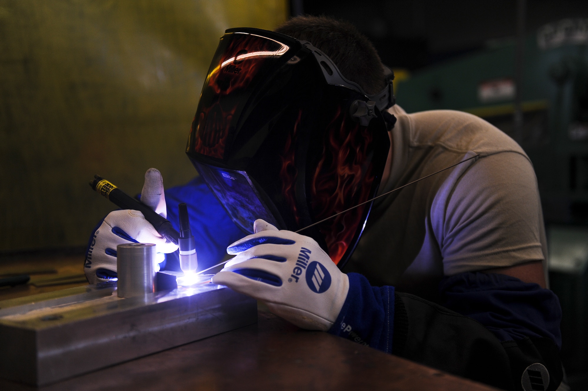 Airman 1st Class Caleb Wren, 4th Equipment Maintenance Squadron aircraft metals technology technician, practices welding titanium with a tungsten inert gas welder. Aircraft metals technology technicians become proficient at welding seven different metals during a year of on-the-job training. (U.S. Air Force photo/Airman 1st Class Aaron J. Jenne)