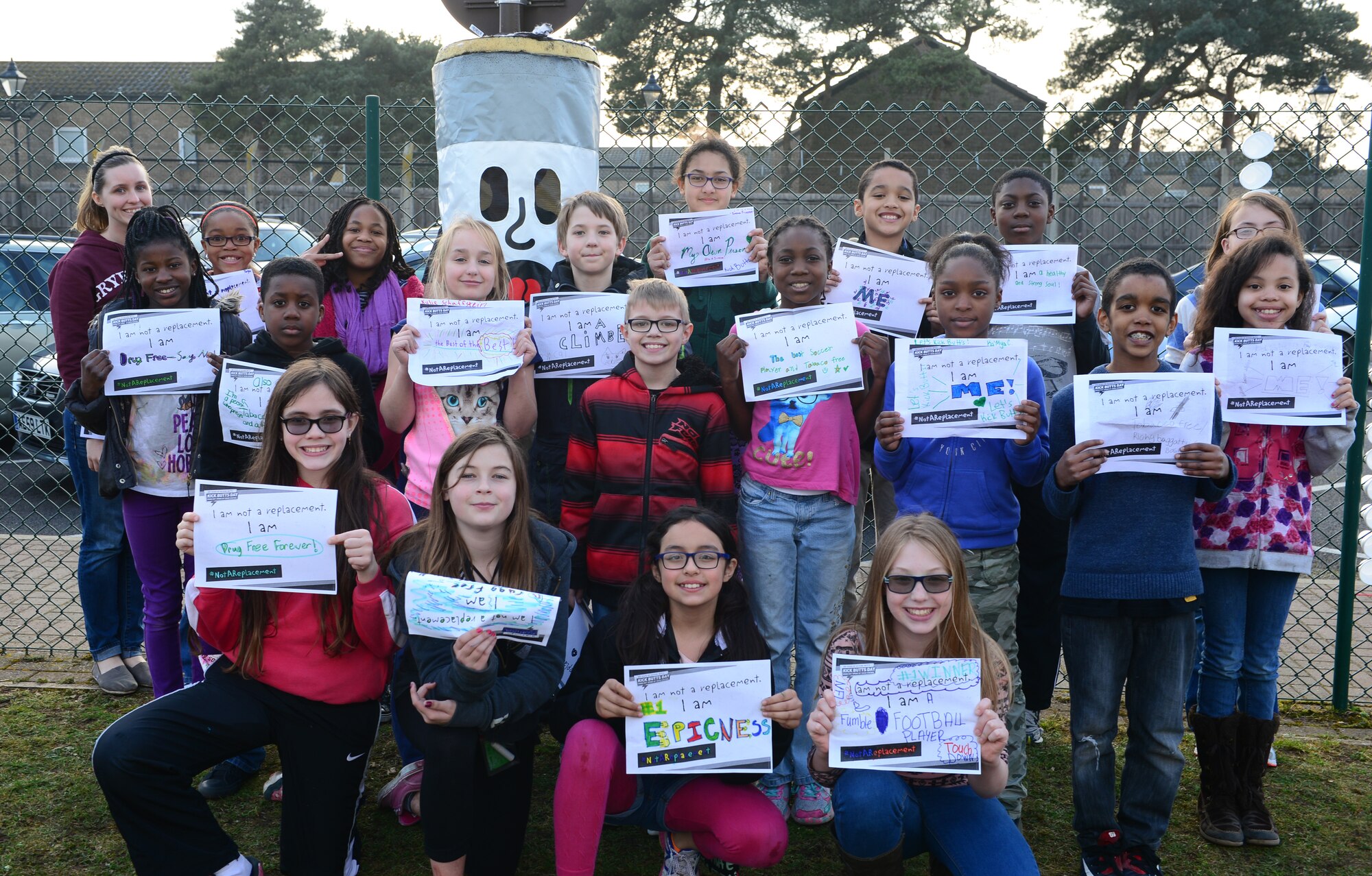 Liberty Wing children hold up their pledges to be tobacco free during the “Just Say No,” campaign at the youth center at Royal Air Force Lakenheath, England, March 18, 2015. Children participated in various activities in the “Just Say No” campaign, pledging to be tobacco free. (U.S. Air Force photo by Airman 1st Class Dawn M. Weber/Released)