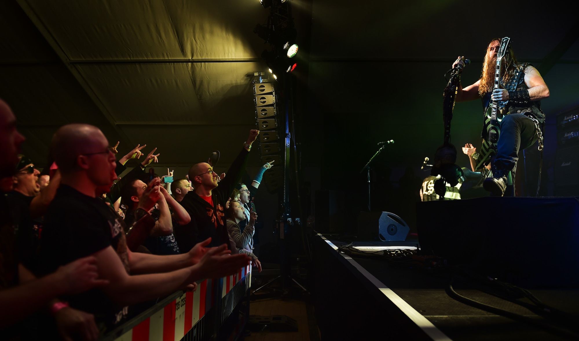 The Black Label Society plays a free concert for service members and their families at Ramstein Air Base, Germany, March 17, 2015. After touring through Europe, the band put on a free concert and did a meet-and-greet at the Kaiserslautern Military Community Center for Team Ramstein. (U.S. Air Force photos/Staff Sgt. Sara Keller)