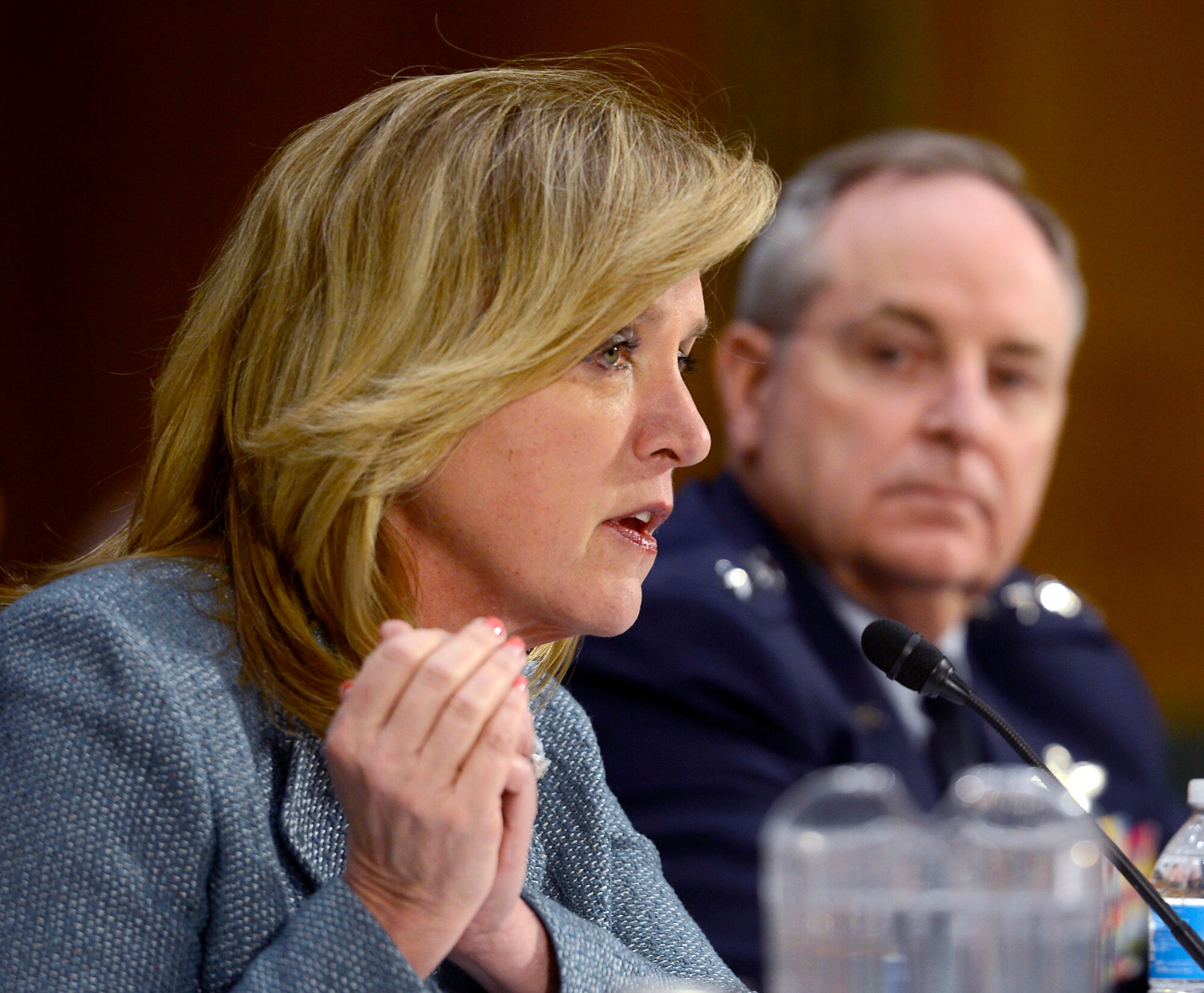 Secretary of the Air Force Deborah Lee James answers a question during the Air Force Posture hearing for fiscal year 2016 before the Senate Armed Services Committee March 18, 2015, in Washington, D.C. James and Air Force Chief of Staff Gen. Mark A. Welsh III delivered their budget proposal alongside the Army with Secretary of the Army John M. McHugh and Chief of Staff of the Army Gen. Raymond T. "Ray" Odierno. (U.S. Air Force photo/Scott M. Ash)