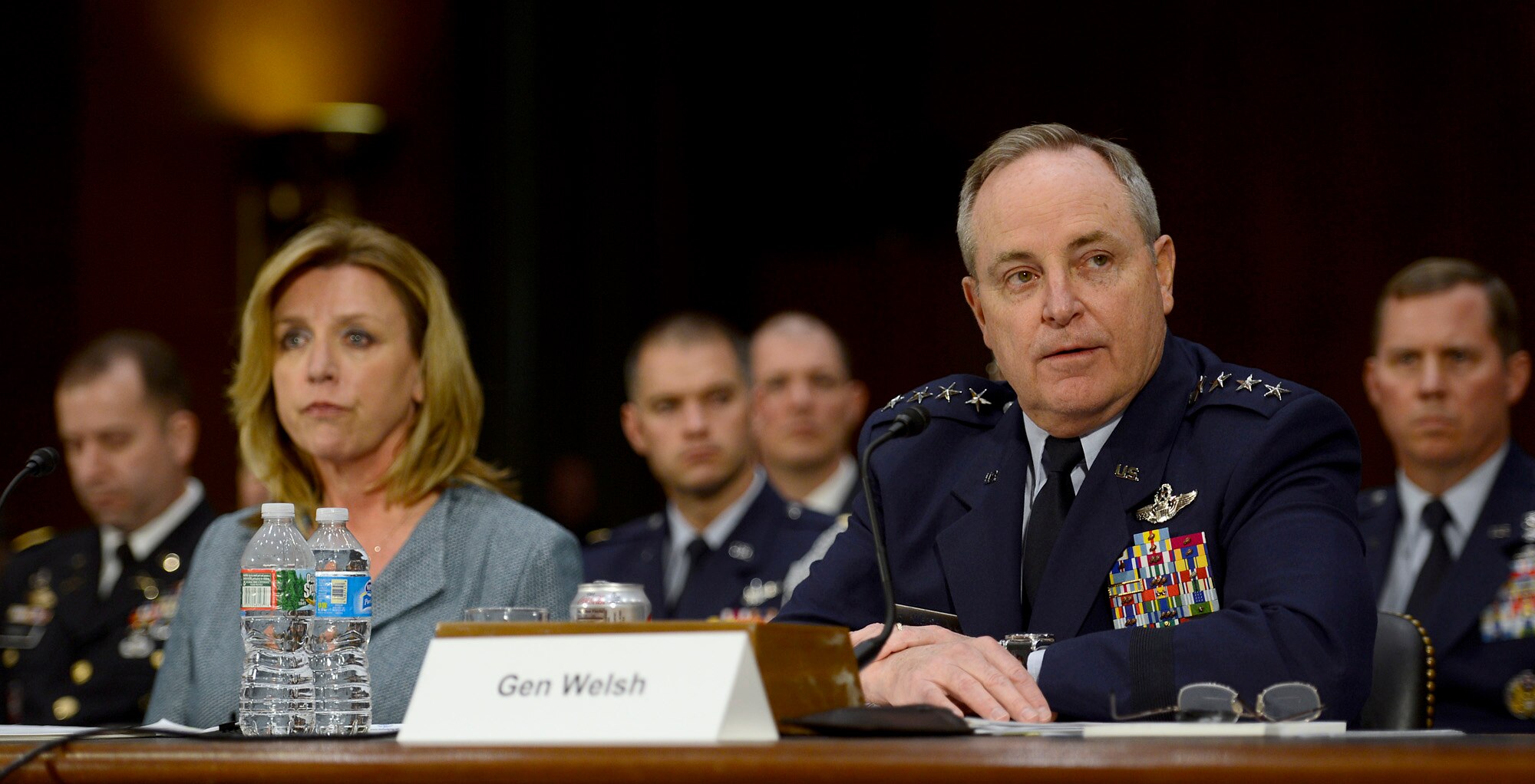 Air Force Chief of Staff Gen. Mark A. Welsh III answers a question during the Air Force Posture hearing for fiscal year 2016 before the Senate Armed Services Committee March 18, 2015, in Washington, D.C. Welsh and Secretary of the Air Force Deborah Lee James delivered their budget proposal alongside the Army with Secretary of the Army John M. McHugh and Chief of Staff of the Army Gen. Raymond T. "Ray" Odierno. (U.S. Air Force photo/Scott M. Ash)