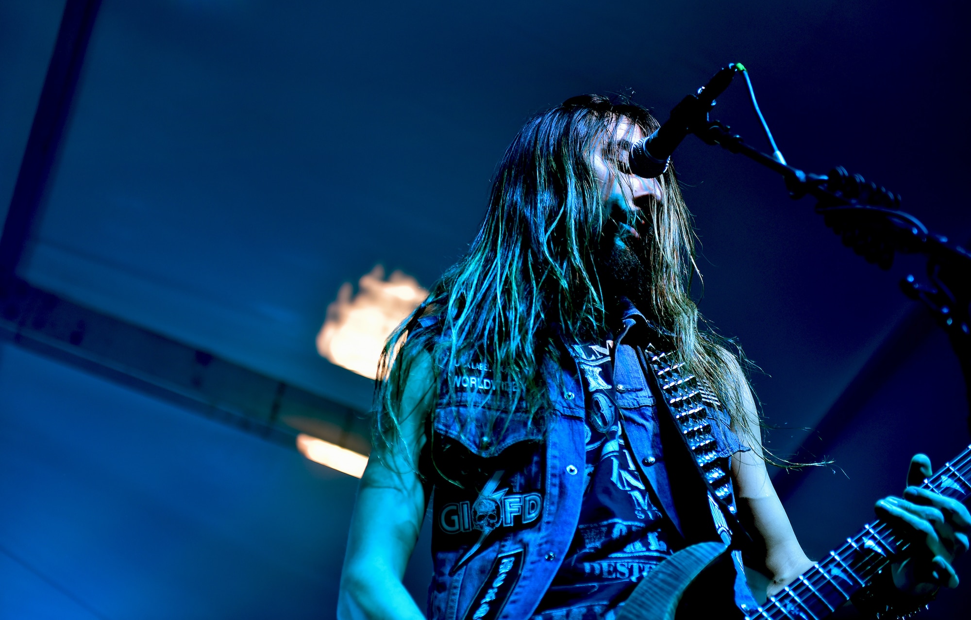 Dario Lorina, rhythm guitarist and backing vocalist for the Black Label Society, plays during a free concert for service members and their families at Ramstein Air Base, Germany, March 17, 2015. After touring through Europe, the band put on a free concert for Airmen and their families with help from the USO. (U.S. Air Force photos/Staff Sgt. Sara Keller)
