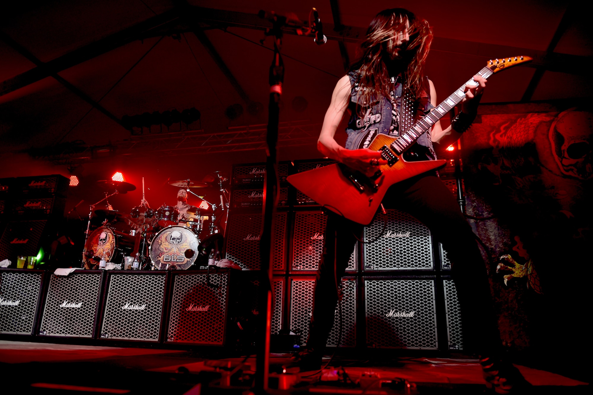 Dario Lorina, rhythm guitarist and backing vocalist for the Black Label Society, plays during a free concert for service members and their families at Ramstein Air Base, Germany, March 17, 2015. After touring through Europe, the band put on a free concert for Airmen and their families with help from the USO. (U.S. Air Force photos/Staff Sgt. Sara Keller)
