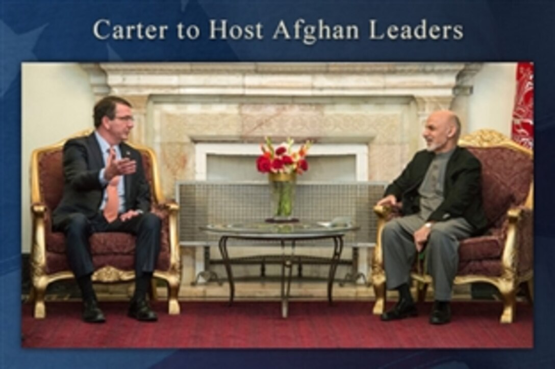 Defense Secretary Ash Carter will welcome Afghan President Ashraf Ghani and Chief Executive Abdullah Abdullah to the Pentagon on Monday, March 23, 2015. Watch live on www.defense.gov as Carter and Ghani deliver remarks in the Pentagon center courtyard at 8 a.m., thanking service members and veterans who served in Afghanistan for their efforts and sacrifices. This file photo shows Carter and Ghani meeting at the presidential palace in Kabul, Afghanistan, Feb. 21, 2015. 