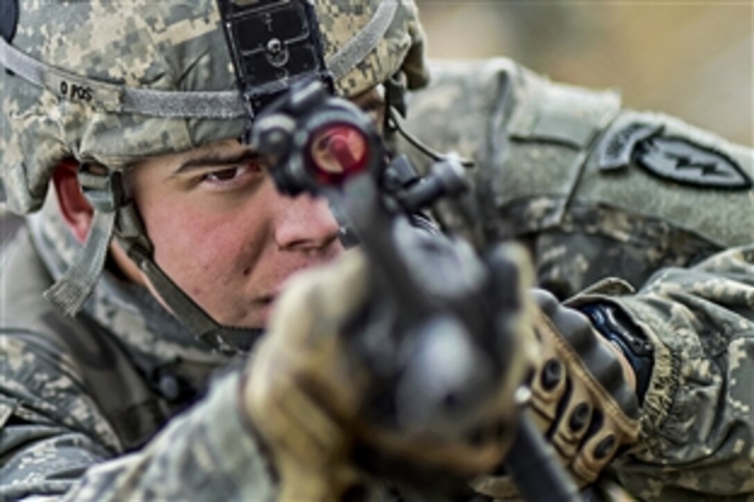 Army Spc. Jacob Ostolaza provides security during a forced-entry parachute assault as part of a tactical field exercise on Joint Base Elmendorf-Richardson, Alaska, March 18, 2015. Ostolaza is assigned to the 25th Infantry Division's 4th Infantry Brigade Combat Team.
