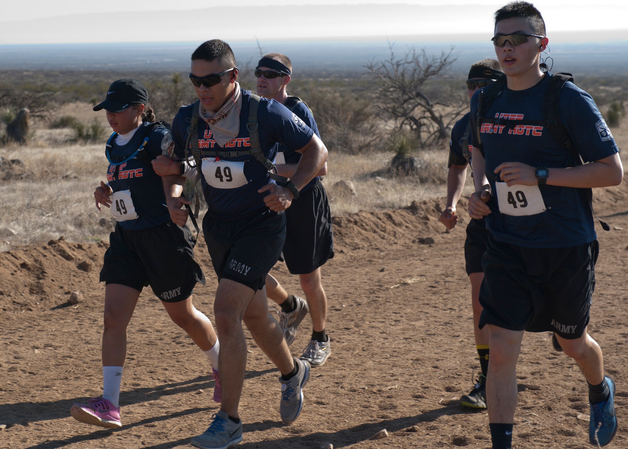 Cadets in The University of Texas in El Paso ROTC tackle the first hill in the 26th annual Bataan Memorial Death March held at White Sands Missile Range, N.M. March 22, 2015. The annual memorial event is designed so that future generations understand the sacrifices made by the 75,000 Filipino and American Soldiers that were captured by the Japanese during World War II on April 9, 1942.  (U.S. Air Force photo by Staff Sgt. E'Lysia A. Wray/Released)