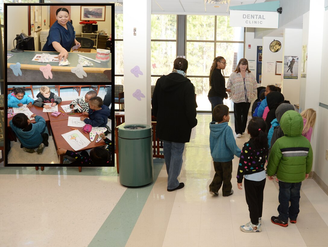 Students from Marine Corps Logistics Base Albany’s Child Development Center line up for a hands-on demonstration of the sights and sounds at Naval Branch Medical Clinic’s Dental facility, here, recently. The field trip, which was scheduled in recognition of National Children’s Dental Health Month, provided an opportunity for the students to experience a typical visit to the dentist. Top: Christine Watson, dental assistant, displays dental treat bags, which were given to visiting CDC students. Bottom: CDC students color dental graphics while awaiting their time in the exam room.