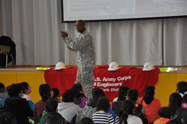 Lt. Col. John A. Knight, deputy commander, U.S. Army Corps of Engineers, New York District tells students to use their brains, listen to their parents and teachers and make the right decisions. 