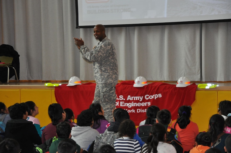 Lt. Col. John A. Knight, deputy commander, U.S. Army Corps of Engineers, New York District tells students to use their brains, listen to their parents and teachers and make the right decisions. 