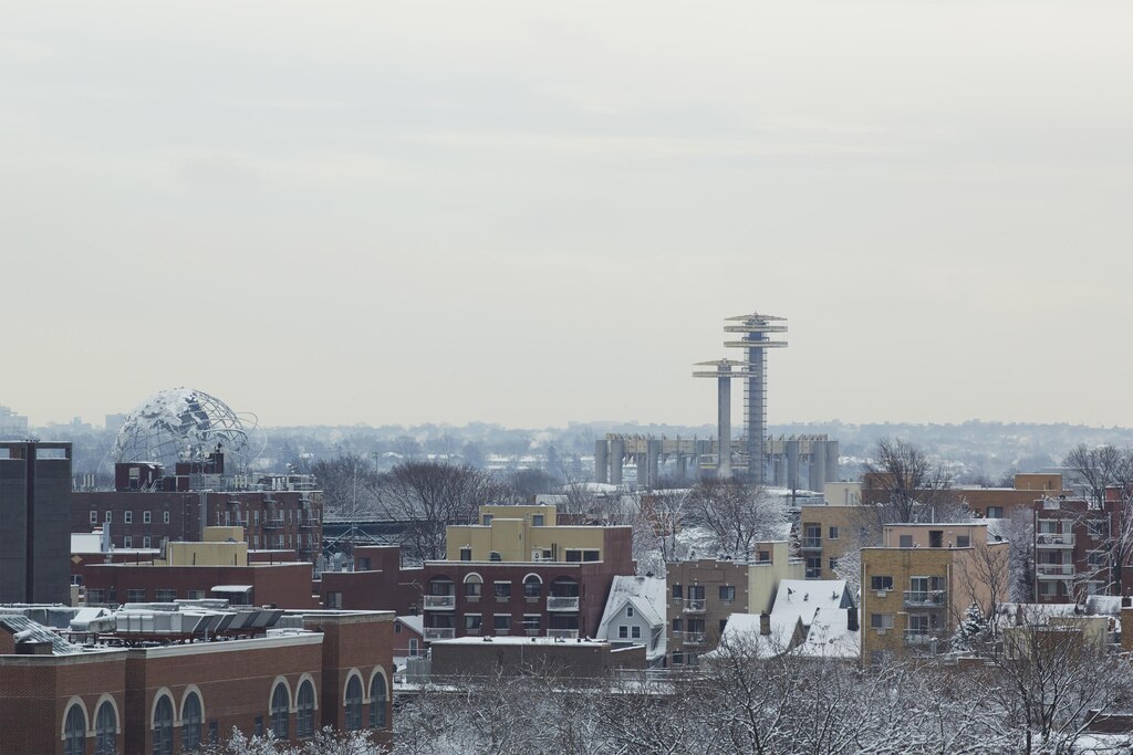 The remaining structures from the 1964 New York State World’s Fair as seen from the windows of Public School 330.  The viewable structures include the Unisphere, Pavilion and observatory towers. 