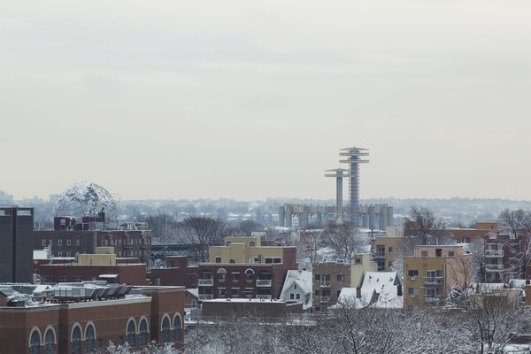 The remaining structures from the 1964 New York State World’s Fair as seen from the windows of Public School 330.  The viewable structures include the Unisphere, Pavilion and observatory towers. 
