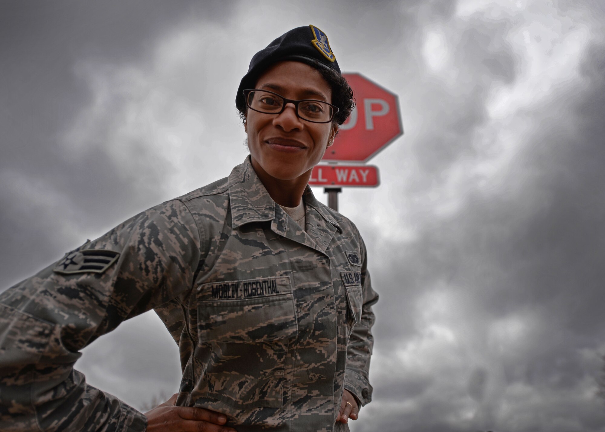 U.S. Air Force Senior Airman Tamara Mobley-Rosenthal, 27th Special Operations Security Force Squadron, poses for a photo March 20, 2015 at Cannon Air Force Base, N.M. Mobley-Rosenthal is the first in a series of spotlight interviews featuring various Cannon Commandos. (U.S. Air Force photo/Staff Sgt. Alex Mercer)   

