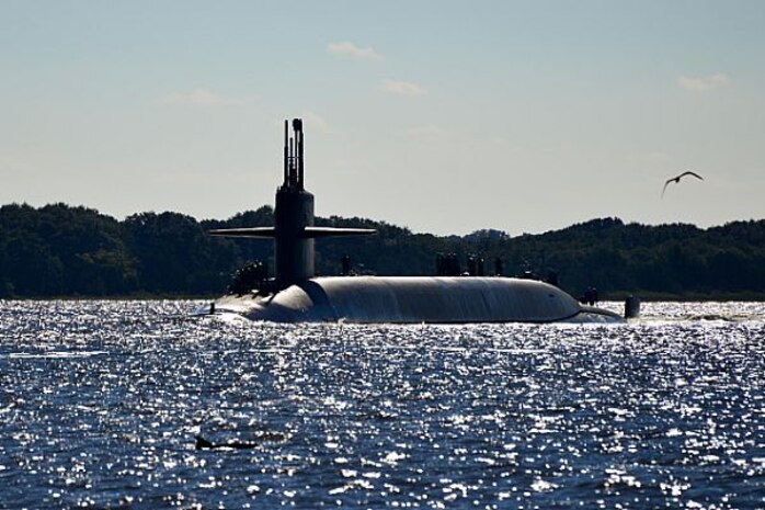 141107-N-QO773-016 KINGS BAY, Ga. (Nov. 7, 2014) The Ohio-class ballistic-missile submarine USS Rhode Island (SSBN 740) returns to Naval Submarine Base Kings Bay following routine operations. Portsmouth Naval Shipyard (PNSY) completed restoration of the motor generator set for USS Rhode Island (SSBN 740) three days ahead of schedule Feb. 23.(U.S. Navy photo by Mass Communication Specialist 1st Class Rex Nelson/Released)     