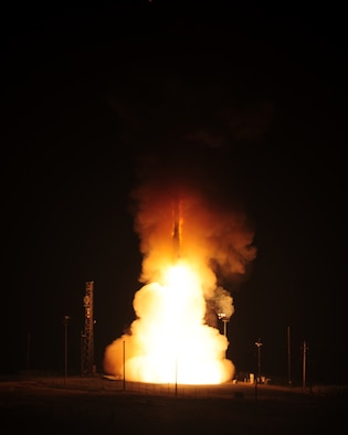 An unarmed LGM-30G Minuteman III intercontinental ballistic missile launches March 23, 2015, at Vandenberg Air Force Base, Calif. The missile was randomly selected from F. E. Warren AFB, Wyo., as a part of the system's operational test and evaluation program, which provides valuable data to evaluators and validates the reliability of the ICBM fleet. (U.S. Air Force photo/Joe Davila)