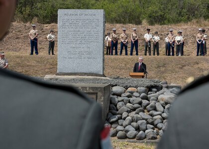 In this file photo, Secretary of the Navy (SECNAV) Ray Mabus delivers remarks at the 70th anniversary commemoration ceremony of The Battle for Iwo Jima in Iwo To, Japan.  