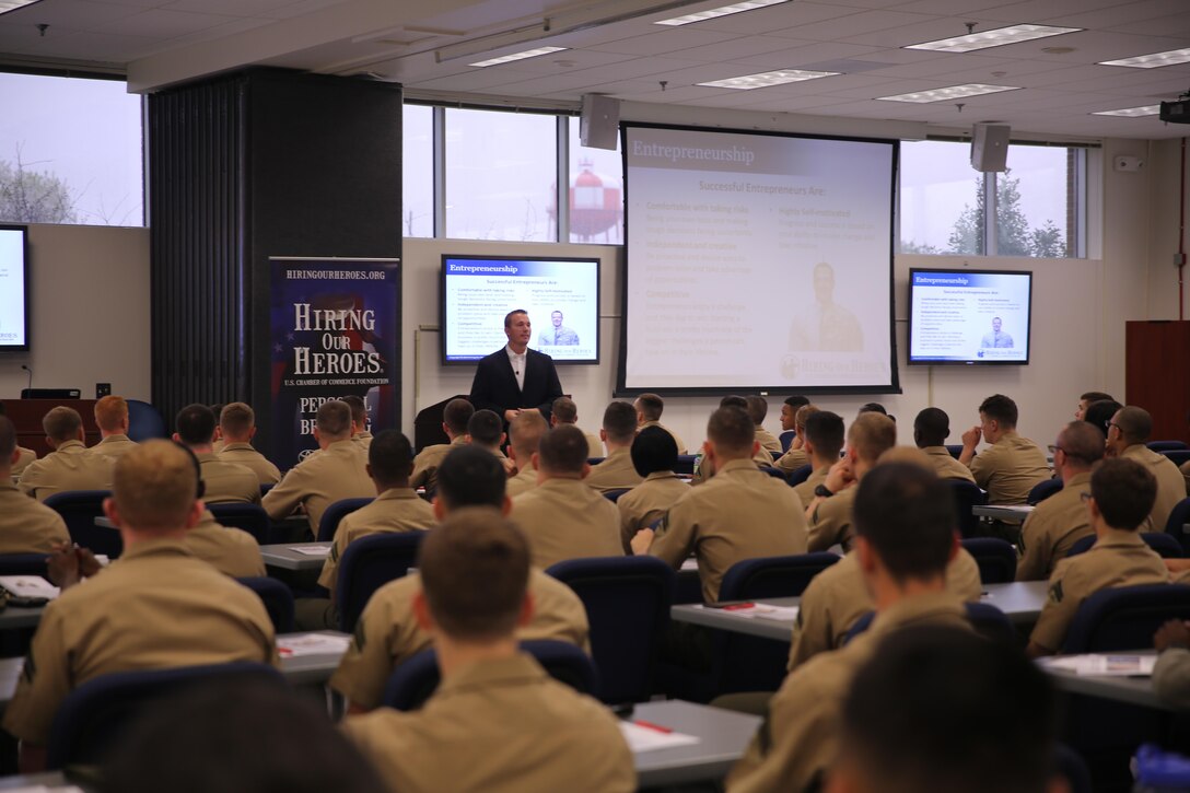 Sgt. Dakota Meyer, Marine Corps veteran and Medal of Honor recipient, speaks to a group of Marines during a Hiring our Heroes career and transition class at Marine Corps Air Station Cherry Point, N.C., March 20, 2015. Hiring our Heroes is hosted by the U.S. Chamber of Commerce Foundation and is a nationwide initiative to help veterans find meaningful employment in public, private and non-profit sectors. The program is aimed at transitioning service members and families to assist in their integration back into the civilian community.