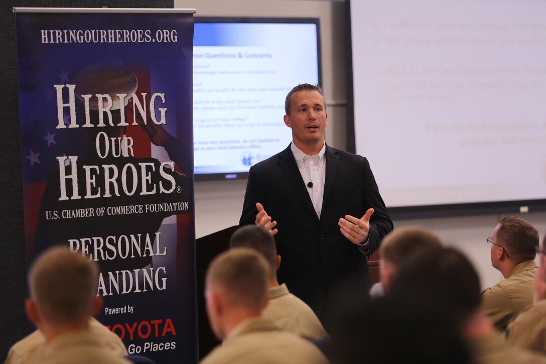 Sgt. Dakota Meyer, Marine Corps veteran and Medal of Honor recipient, speaks to a group of Marines during a Hiring our Heroes career and transition class at Marine Corps Air Station Cherry Point, N.C., March 20, 2015. Hiring our Heroes is hosted by the U.S. Chamber of Commerce Foundation and is a nationwide initiative to help veterans find meaningful employment in public, private and non-profit sectors. The program is aimed at transitioning service members and families to assist in their integration back into the civilian community.