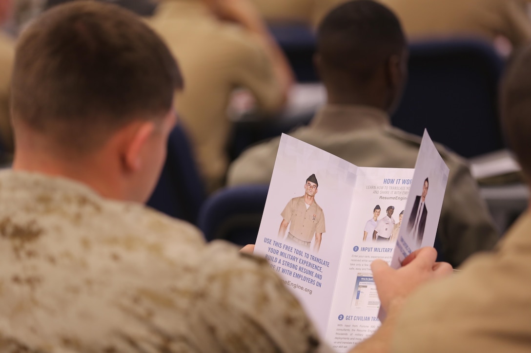 A Marine reads through an informational brochure during a Hiring our Heroes career and transition class at Marine Corps Air Station Cherry Point, N.C., March 20, 2015. Hiring our Heroes is hosted by the U.S. Chamber of Commerce Foundation and is a nationwide initiative to help veterans find meaningful employment in public, private and non-profit sectors. The program is aimed at transitioning service members and families to assist in their integration back into the civilian community.