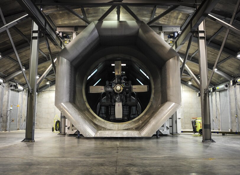 A C-130 engine is staged to be tested in a Hush House testing facility at the Centralized Repair Facility, Hurlburt Field, Fla., Feb. 3, 2015. The Centralized Repair Facility is responsible for building and repairing T-56 engines and C-130 propellers. (U.S. Air Force photo Senior Airman Meagan Schutter/Released)