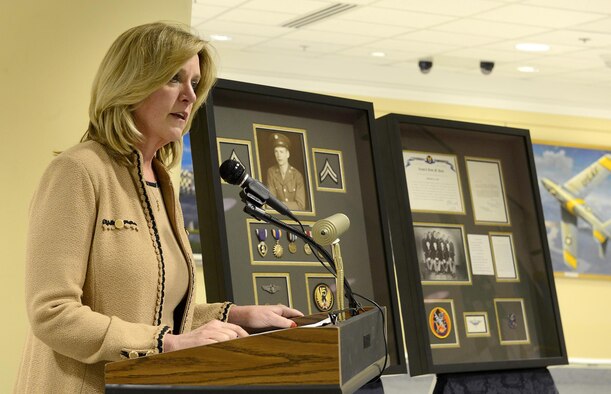 Secretary of the Air Force Deborah Lee James speaks during a ceremony held for Sen. Orrin Hatch of Utah, March 20, 2015, at the Pentagon in Washington D.C. James presented Hatch with two shadow boxes honoring the service of his brother, Cpl. Jesse Hatch, who died with his crew during a mission in World War II. Cpl. Hatch was a nose turret gunner with the 451st Bombardment Group, 725th Bomb Squadron. (U.S. Air Force photo/Scott M. Ash)