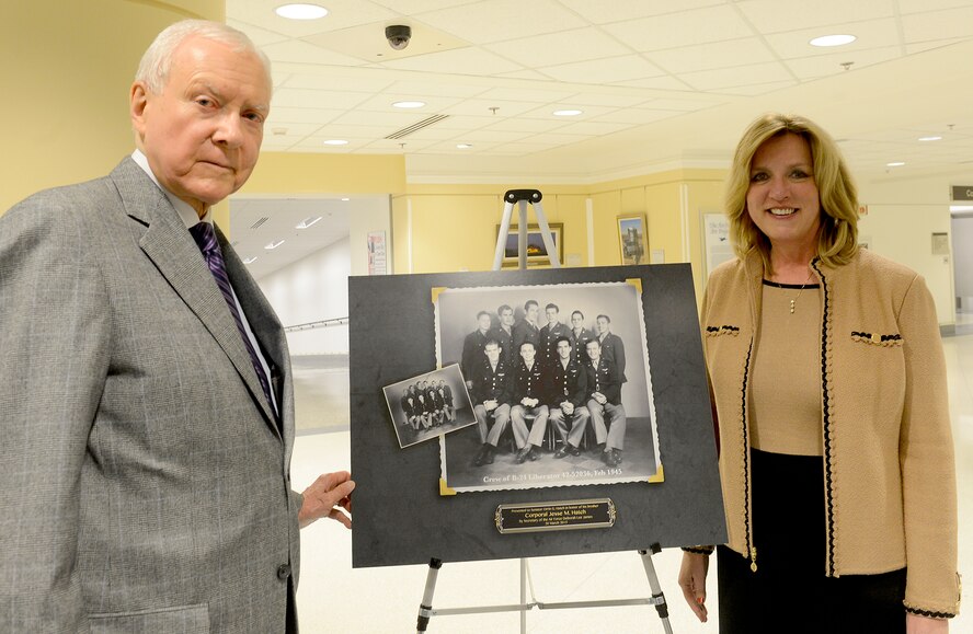 Secretary of the Air Force Deborah Lee James poses with Sen. Orrin Hatch of Utah, during a ceremony March 20, 2015, at the Pentagon in Washington D.C. James presented Hatch with two shadow boxes to honor the service of his brother, Cpl. Jesse Hatch, who died with his crew during a mission in World War II. Cpl. Hatch and his crew (pictured) were assigned to the 451st Bombardment Group, 725th Bomb Squadron. (U.S. Air Force photo/Scott M. Ash)