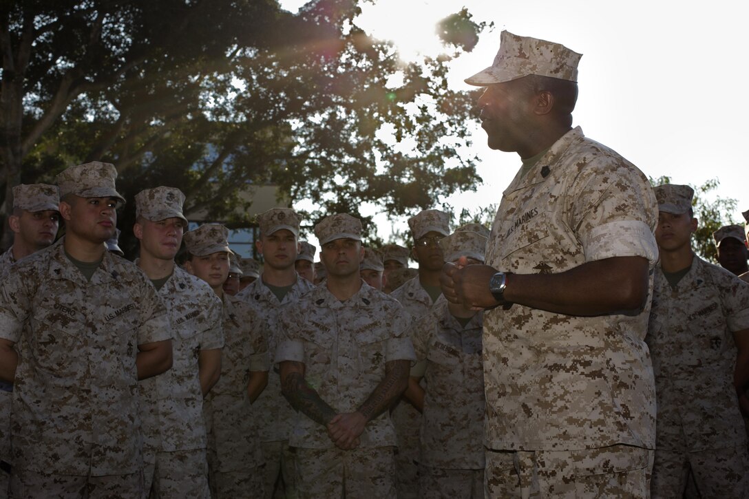 Sergeant Major of the Marine Corps Sgt. Maj. Ronald L. Green addresses Marines with U.S. Marine Corps Forces, Pacific during a visit to Camp H.M. Smith, Hawaii, March 18, 2015. Green's visit to MARFORPAC is one of many stops on a tour around the Pacific region. 