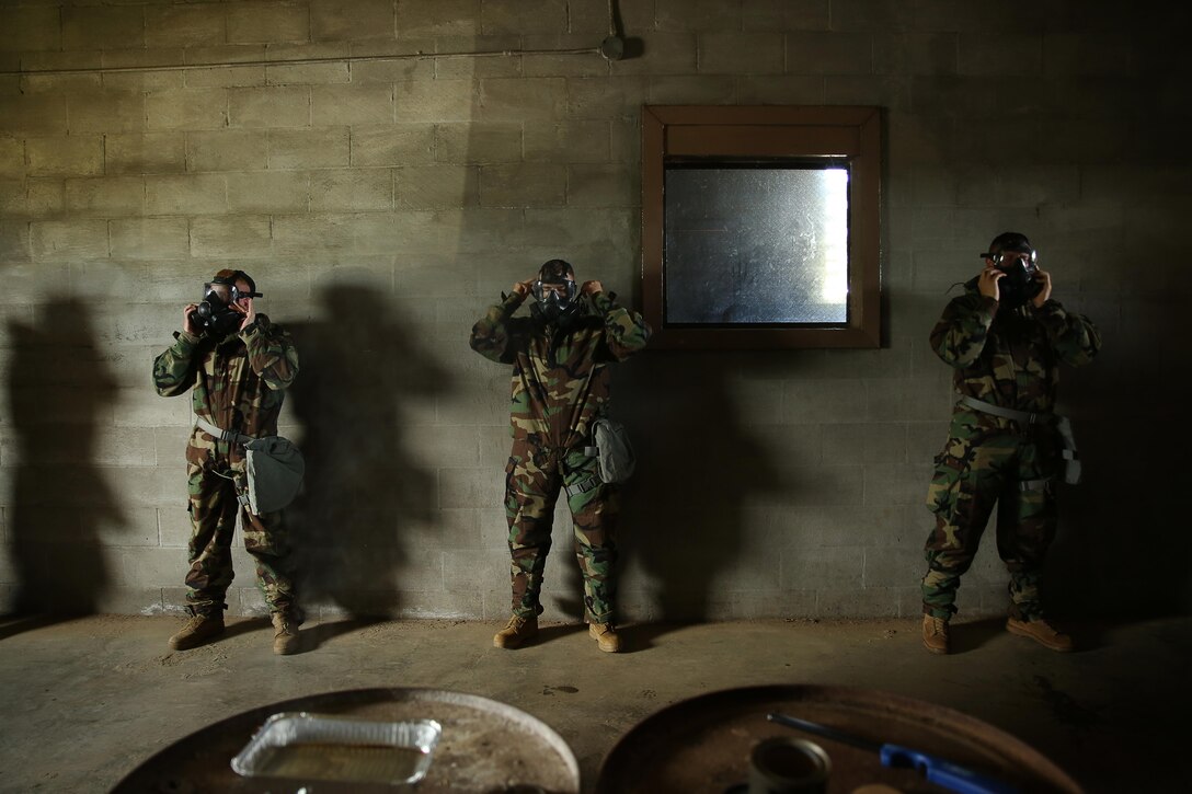 U.S. Marine Corps Forces, Pacific Marines adjust their gas masks during annual chemical, biological, radiological and nuclear defense training at Marine Corps Base Hawaii March 19, 2015. The training covered proper procedures when encountering a chemical agent.